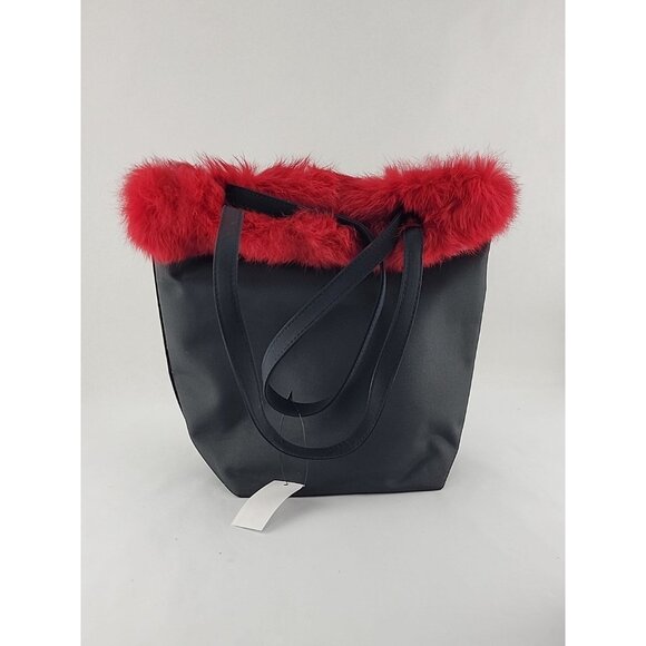 VTG Christmas Holiday Tote Bag Black Red Faux Fur Trim Embroidered Santa Sequin - Picture 10 of 14